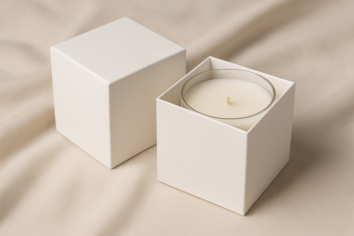 Boîte de luxe Neige et Coton - Vue ouverte avec bougie