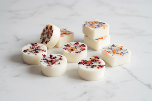 Fondants parfumés Neige et Coton présentés sur marbre blanc