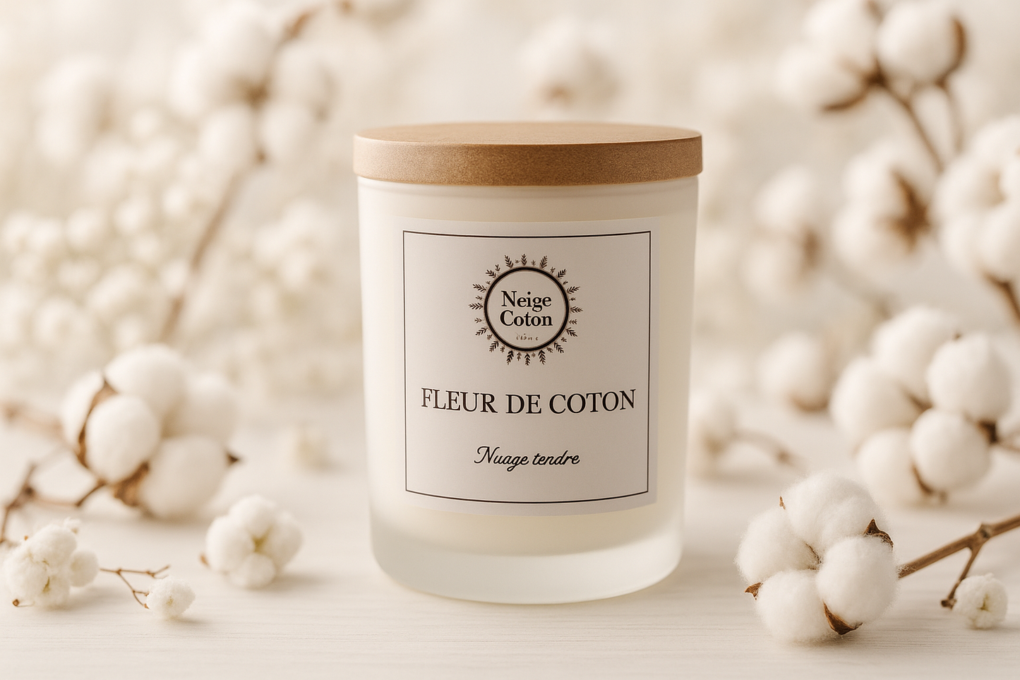Arrière-plan lumineux avec fleurs de coton pour bougie Neige Coton