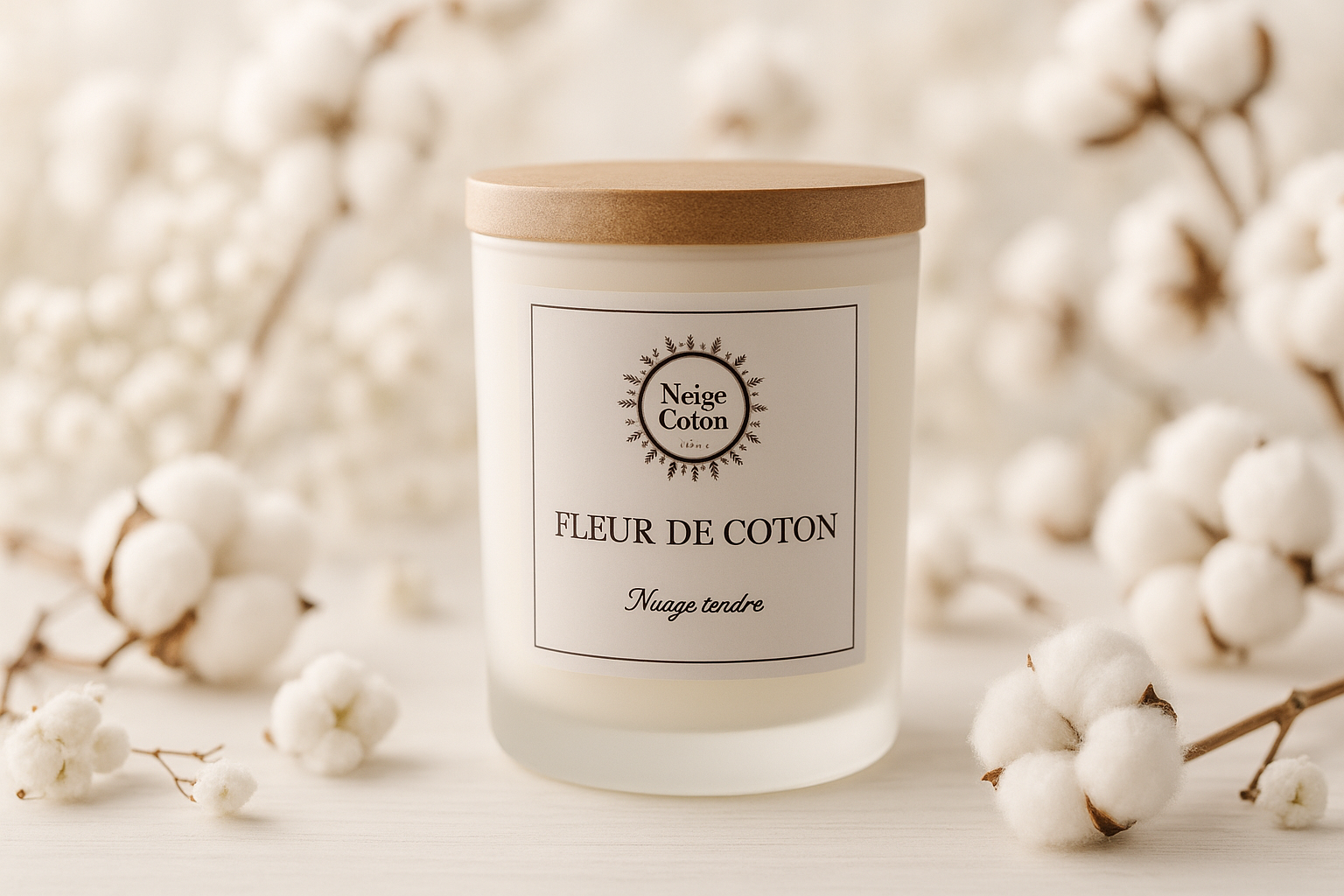 Arrière-plan lumineux avec fleurs de coton pour bougie Neige Coton