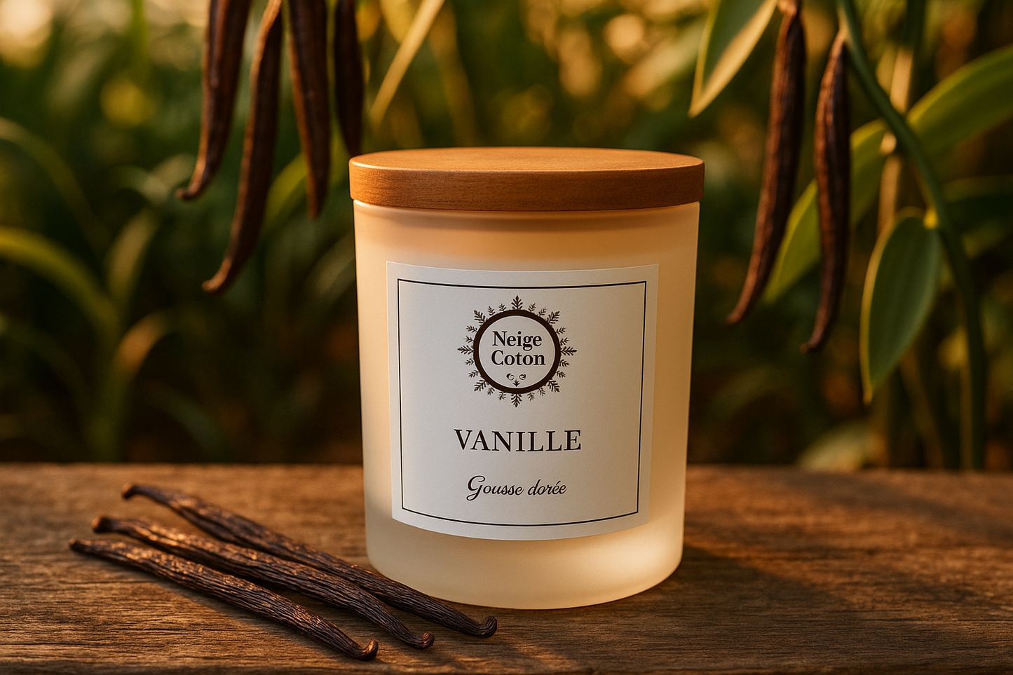 Bougie VANILLE avec gousses de vanille et végétation